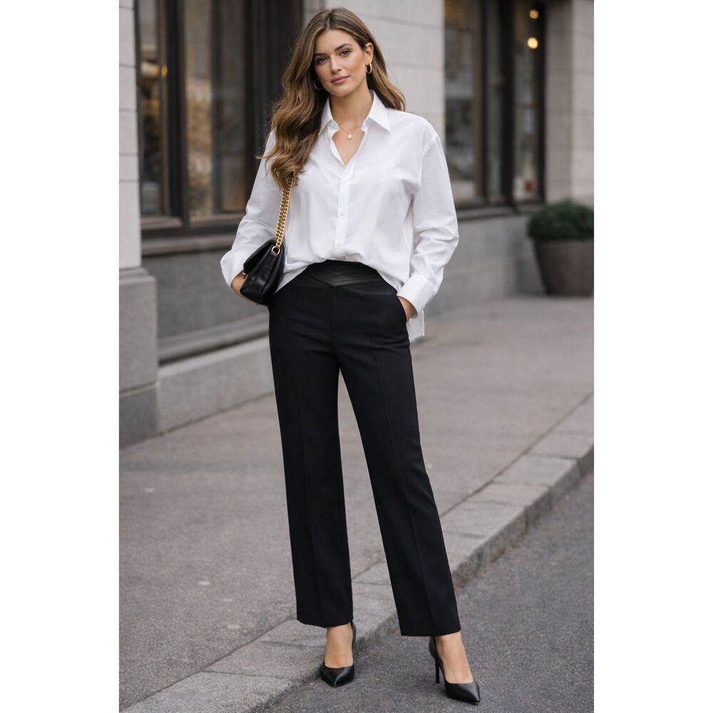 BCBGMAXAZRIA Leather Waistband Wide Leg Black Pants 2